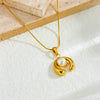 Women's Fashionable Simple U Shape Stainless Steel Pearl Inlaid Ring Opening Pendant Necklace With Gold Plated Chain