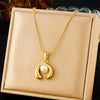 Women's Fashionable Simple U Shape Stainless Steel Pearl Inlaid Ring Opening Pendant Necklace With Gold Plated Chain