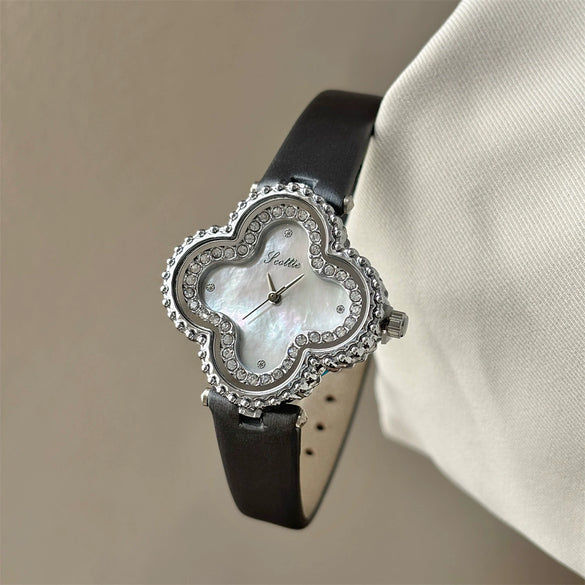 Women's Fashionable Stylish Flower Shape Quartz Watch With Four Leaf Clover Design And Super Fiber Strap And Ordinary Glass Mirror