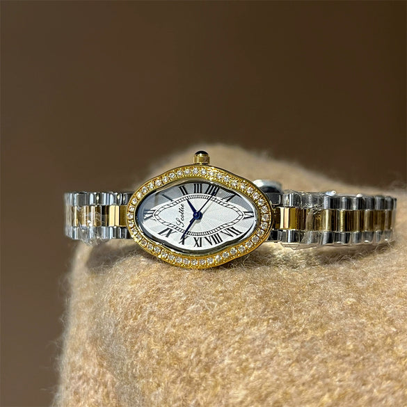 Women's Fashionable Stylish Oval Full Diamond Retro Rose Gold Quartz Watch With Metal Strap And Ordinary Glass Mirror
