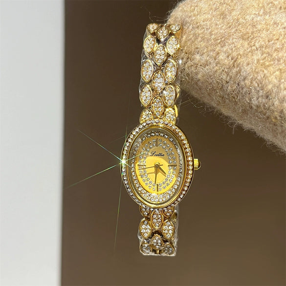 Women's Fashionable Stylish Oval Full Diamond Retro Rose Gold Quartz Watch With Metal Strap And Ordinary Glass Mirror