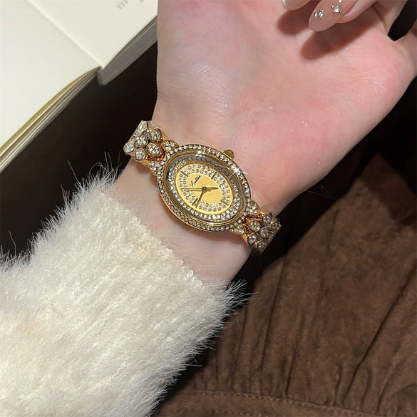Women's Fashionable Stylish Oval Full Diamond Retro Rose Gold Quartz Watch With Metal Strap And Ordinary Glass Mirror