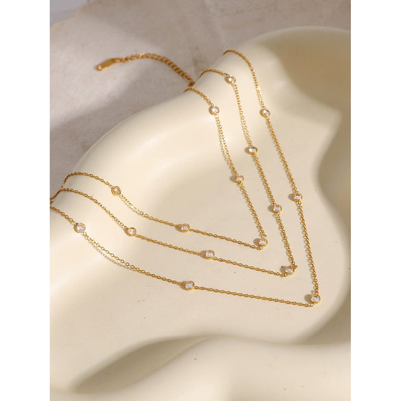 Women's Fashionable Three Layer Stacked Small Clear High Level Simple Multi Layer Zircon Titanium Steel O Chain Necklace With Electroplating Treatment
