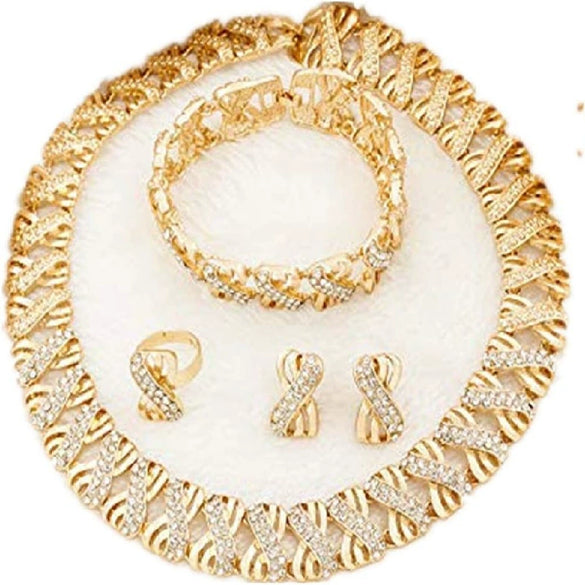 Women's Faux Pearl Floral Jewelry Set With Stainless Steel Cuban Chain Necklace Bracelet And Earrings Electroplated Fashion Wedding Jewelry