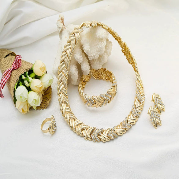 Women's Faux Pearl Floral Jewelry Set With Stainless Steel Cuban Chain Necklace Bracelet And Earrings Electroplated Fashion Wedding Jewelry