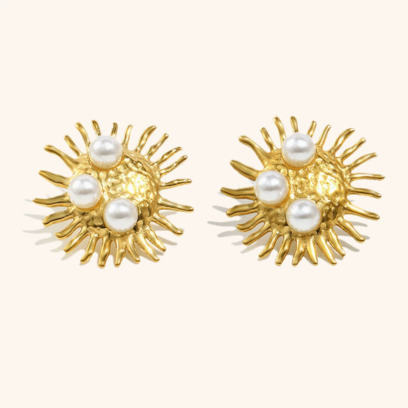 Women's Faux Pearl Sunburst Stud Earrings Goldplated Stainless Steel Geometric Light Luxury Statement Jewelry