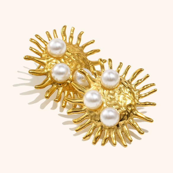 Women's Faux Pearl Sunburst Stud Earrings Goldplated Stainless Steel Geometric Light Luxury Statement Jewelry