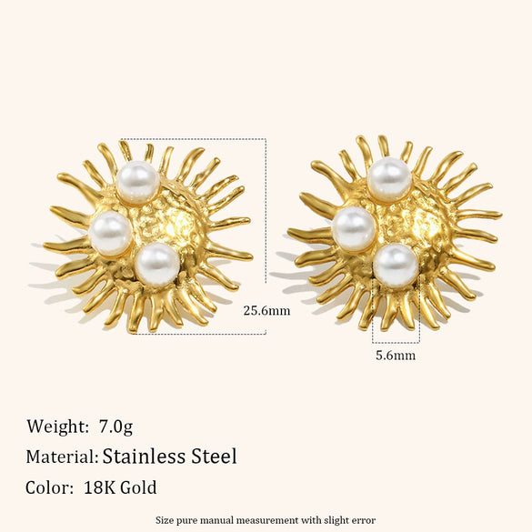 Women's Faux Pearl Sunburst Stud Earrings Goldplated Stainless Steel Geometric Light Luxury Statement Jewelry