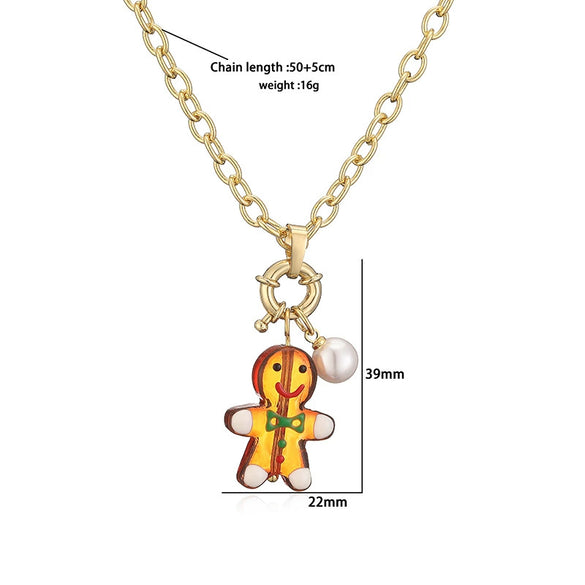 Women's Festive Cartoon Christmas Tree And Snowman Glass Pendant Necklace With Copper Chain And Plated Finish