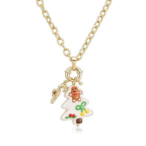 Women's Festive Cartoon Christmas Tree And Snowman Glass Pendant Necklace With Copper Chain And Plated Finish