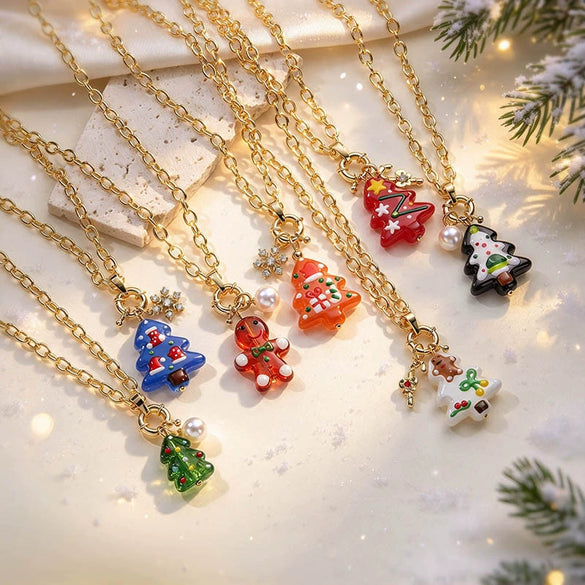 Women's Festive Cartoon Christmas Tree And Snowman Glass Pendant Necklace With Copper Chain And Plated Finish