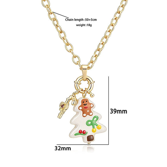 Women's Festive Cartoon Christmas Tree And Snowman Glass Pendant Necklace With Copper Chain And Plated Finish