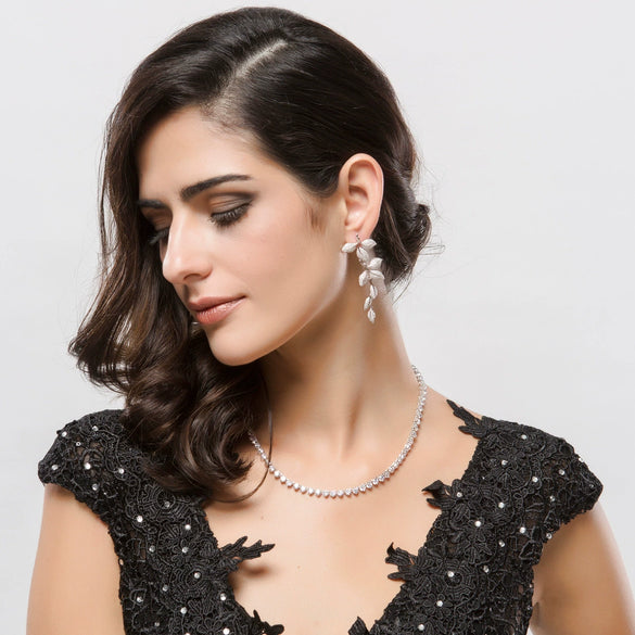 Women's Floral Branch Leaf Earrings With Zircon Accents Copper Construction Steel Posts And Electroplated Wedding Jewelry