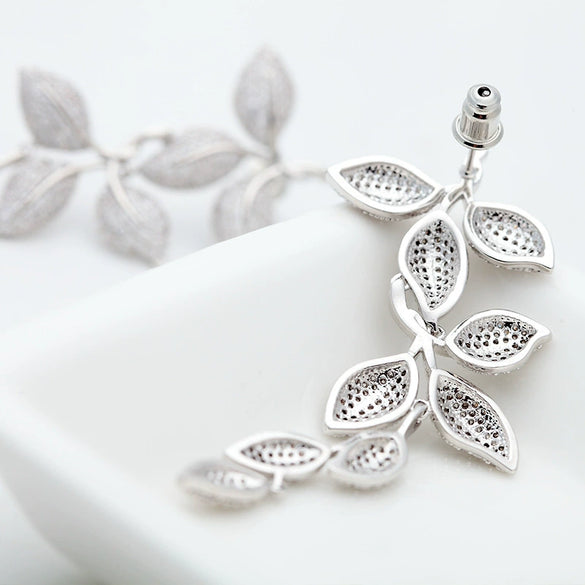 Women's Floral Branch Leaf Earrings With Zircon Accents Copper Construction Steel Posts And Electroplated Wedding Jewelry