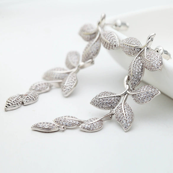 Women's Floral Branch Leaf Earrings With Zircon Accents Copper Construction Steel Posts And Electroplated Wedding Jewelry