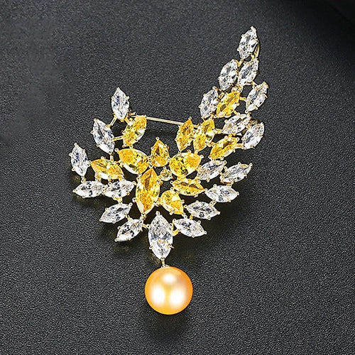 Women’s Floral Copper Brooch With Pearl And Zircon Inlay Electroplated Simple Elegant Corsage Jewelry Gift Accessory