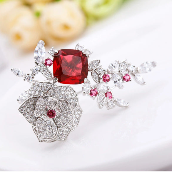 Women's Floral Copper Brooch With Zircon Accents Electroplated Fashion Pin For Clothing Accessories