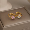 Women's Floral Cubic Zirconia Open Ring In Stainless Steel With Vacuum Gold Plating