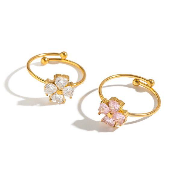 Women's Floral Cubic Zirconia Open Ring In Stainless Steel With Vacuum Gold Plating