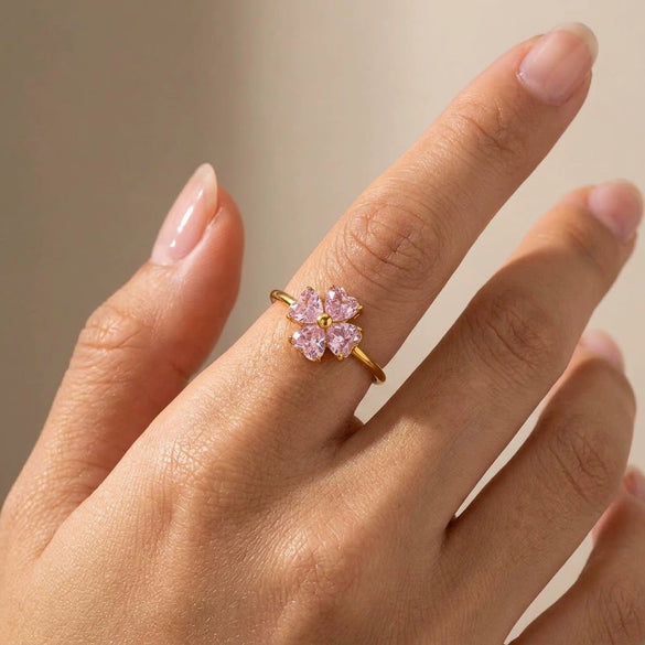 Women's Floral Cubic Zirconia Open Ring In Stainless Steel With Vacuum Gold Plating