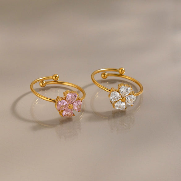 Women's Floral Cubic Zirconia Open Ring In Stainless Steel With Vacuum Gold Plating