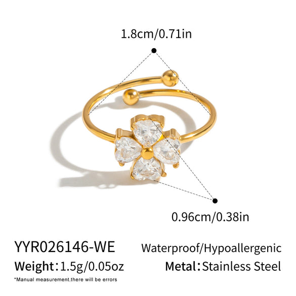 Women's Floral Cubic Zirconia Open Ring In Stainless Steel With Vacuum Gold Plating