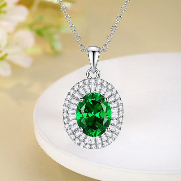 Women's Floral Emerald Diamond Pendant Necklace S925 Sterling Silver Geometric Style Cross Chain