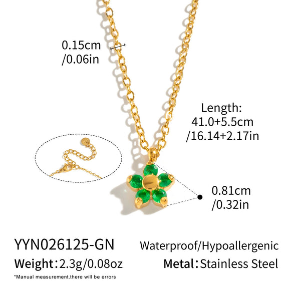 Women’s Floral Zircon Pendant Necklace With Vacuum Gold Plated Stainless Steel Chain Lobster Clasp And Extension Chain