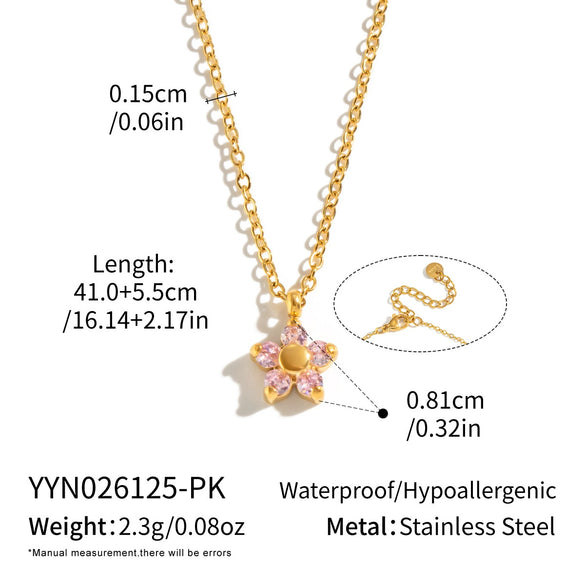 Women’s Floral Zircon Pendant Necklace With Vacuum Gold Plated Stainless Steel Chain Lobster Clasp And Extension Chain