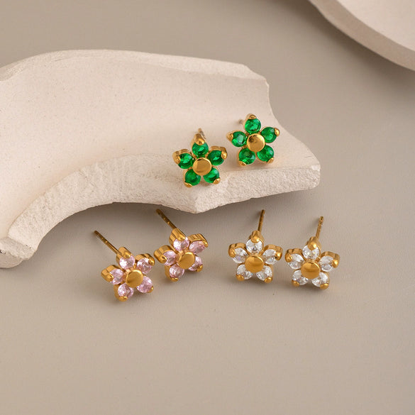 Women's Floral Zircon Stud Earrings With Stainless Steel Posts And Pvd Vacuum Gold Plated Finish