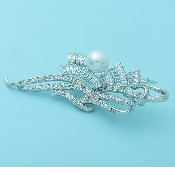 Women's Flower Brooch With Shell Pearl And Microinlaid Zircon Electroplated Copper Corsage Jewelry Pin