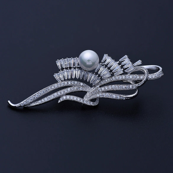Women's Flower Brooch With Shell Pearl And Microinlaid Zircon Electroplated Copper Corsage Jewelry Pin