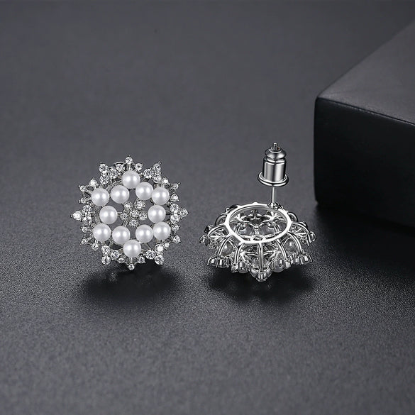 Women's Flower Earrings With Small Rice Beads And Imitation Pearls Electroplated Copper Elegant Fashion Jewelry Wholesale