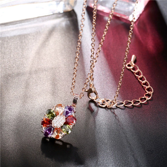 Women's Flower Shaped Colorful Fairy Flower Necklace Made Of Environmentally Friendly Copper Goldplated With Zircon Pendant