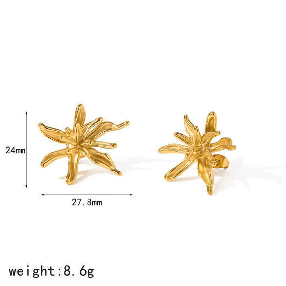 Women's Flower Shaped Stainless Steel Earrings And Ring Jewelry Set With Geometric Design And Pvd Vacuum Gold Plated Finish