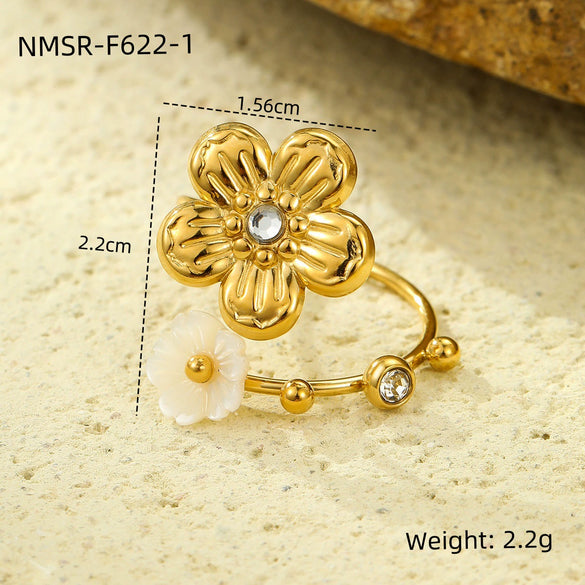 Women's Flower White Butterfly Shell Inlaid Zircon Light Luxury Style Stainless Steel Ring With Electroplating