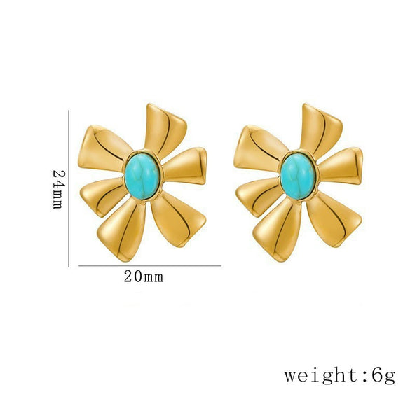 Women's Flowershaped Inlaid Natural Stone Stainless Steel 18K Electroplated Earrings