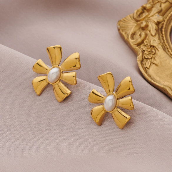 Women's Flowershaped Inlaid Natural Stone Stainless Steel 18K Electroplated Earrings