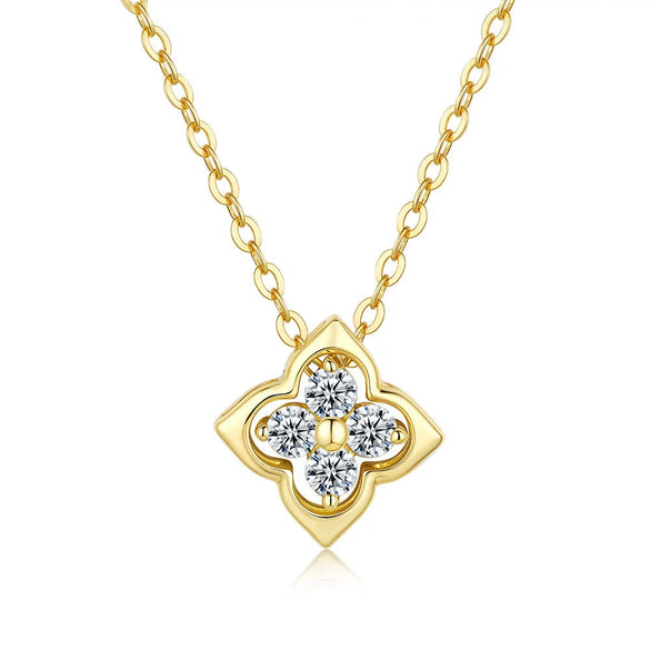 Women's Fourleaf Clover Flower Pattern 925 Sterling Silver Moissanite Pendant Necklace Set With Diamonds 14K Gold Plated