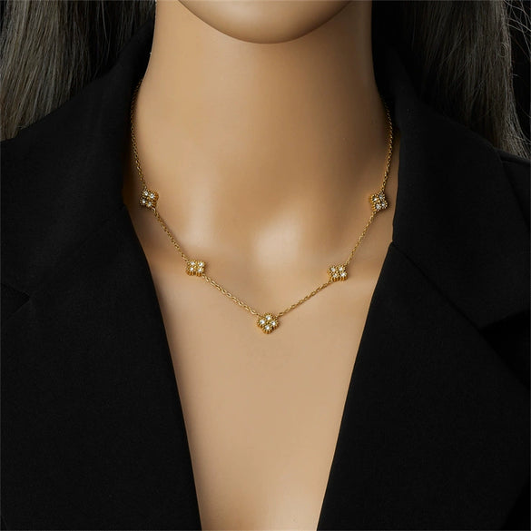 Women's Fourleaf Clover Stainless Steel Earrings And Necklace Set With 18K Gold Ins Electroplating