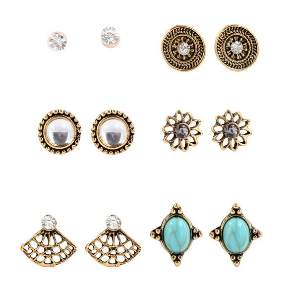 Women's French Retro Geometric Alloy Turquoise Earring Set Electroplated Bohemian Style Stud And Drop Earrings
