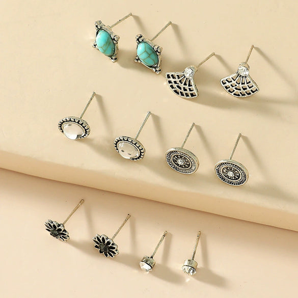 Women's French Retro Geometric Alloy Turquoise Earring Set Electroplated Bohemian Style Stud And Drop Earrings