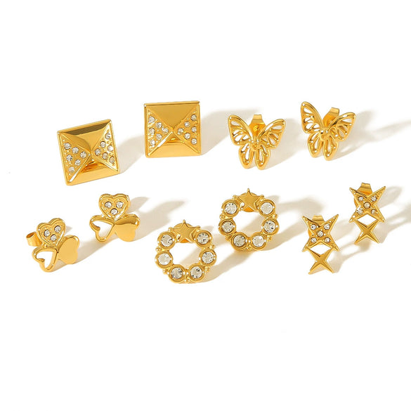 Women's French Retro Geometric Zircon Stainless Steel Electroplated Earrings And Butterfly Ear Pin Jewelry