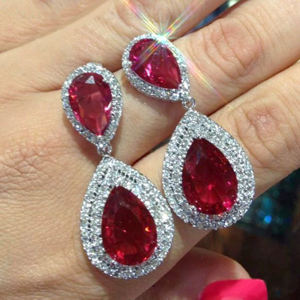 Women's French Retro Long Water Drop Copper Zircon Imitation Ruby Earrings