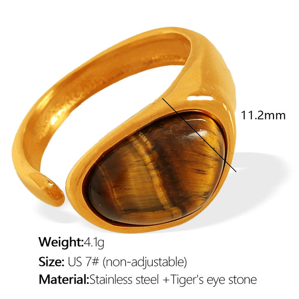 Women's French Retro Natural Tiger Eye Stone Ring 316L Stainless Steel 18K Gold Plated Electroplated
