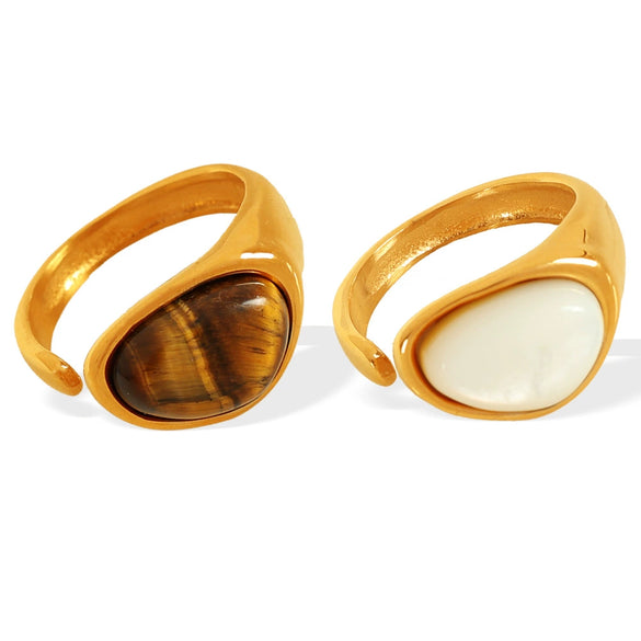 Women's French Retro Natural Tiger Eye Stone Ring 316L Stainless Steel 18K Gold Plated Electroplated