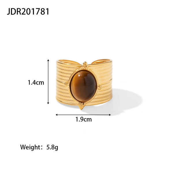 Women's French Retro Titanium Steel Natural Stone Tiger Beads Wide Opening Ring Inlaid Zircon Geometric Jewelry