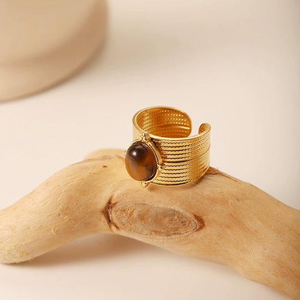 Women's French Retro Titanium Steel Natural Stone Tiger Beads Wide Opening Ring Inlaid Zircon Geometric Jewelry