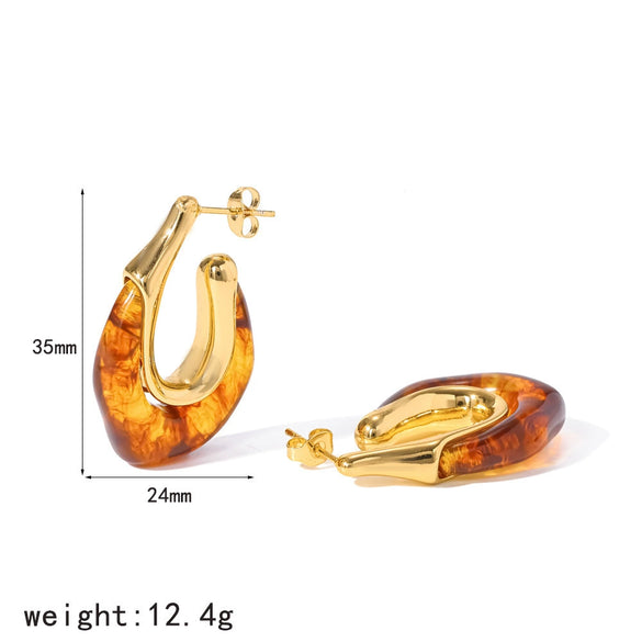 Women's French Retro U Shaped Resin Earrings With Stainless Steel Posts And Vacuum Gold Plated Finish Geometric Niche Design