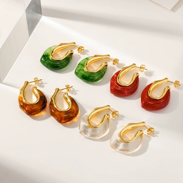 Women's French Retro U Shaped Resin Earrings With Stainless Steel Posts And Vacuum Gold Plated Finish Geometric Niche Design